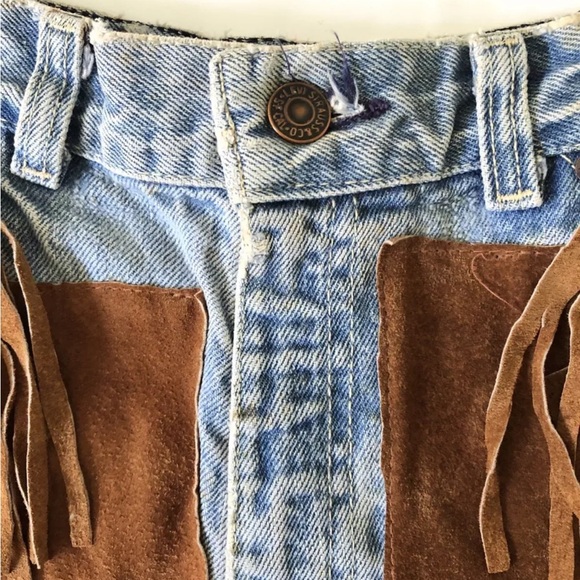 LEVI DENIM CUT-OFF HOT SHORTS SM ROCKER LIGHT JEANS SUEDE LEATHER FRINGE WESTERN - Picture 11 of 12